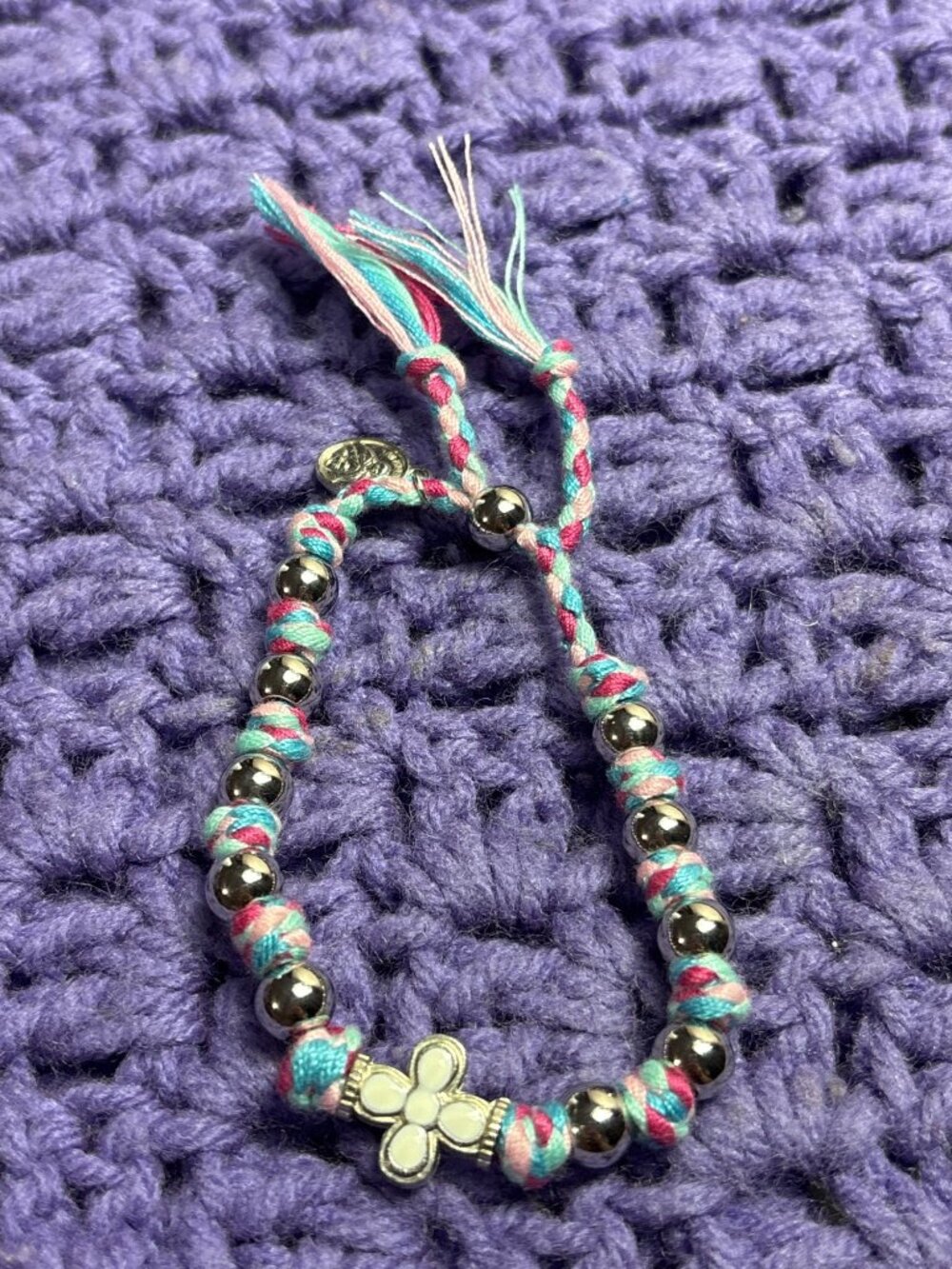 Hand Knotted Pastel Thread Bracelet St. Juan Diego Medal Silvertone Adjustable